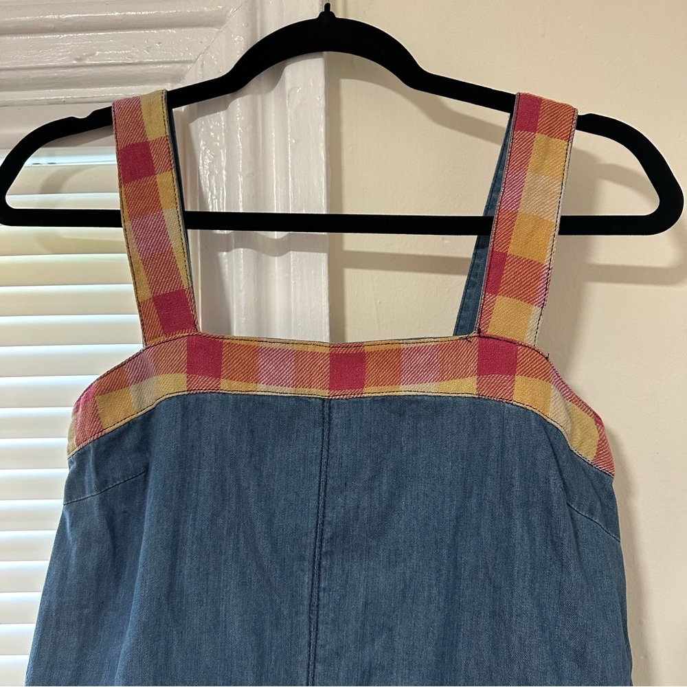 NWT XS Anthropologie mo:vint new york Denim Midi Denim Dress w Checked Straps